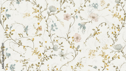 Seamless Abstract Delicate White Floral Pattern With Light Pink, Yellow, And Blue Flowers