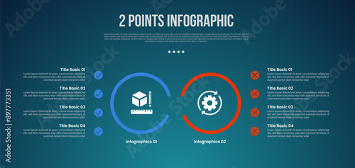 2 or two point template comparison versus things in infographic with big outline circle with point on left and right side with modern dark style for slide presentation