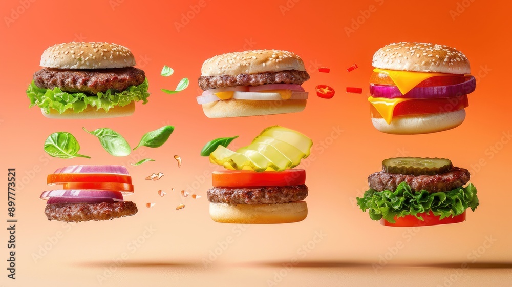 Floating Hamburger Components Against an Orange Background Floating Hamburger Components Against an Orange Background