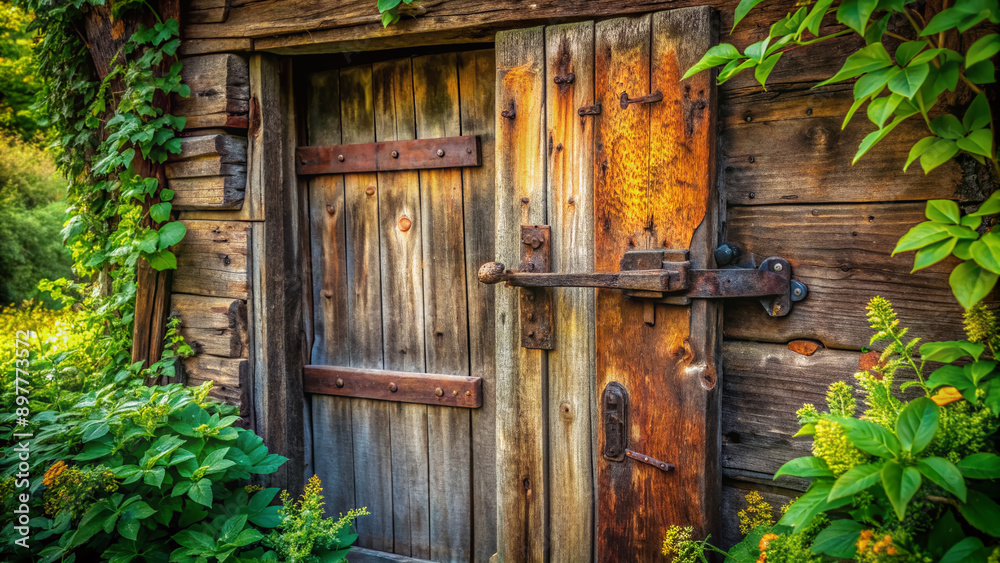 A rustic old door with rusty hinges and worn wooden planks, deliberately left ajar, revealing a glimpse of a serene natural paradise beyond. A rustic old door with rusty hinges and worn wooden planks, deliberately left ajar, revealing a glimpse of a serene natural paradise beyond.