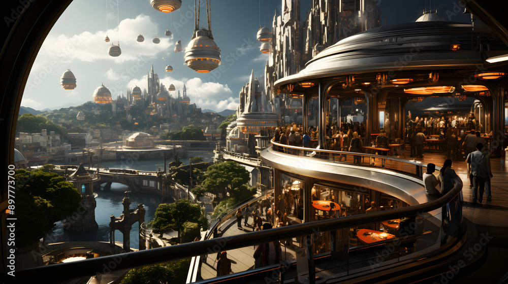 Obraz premium A futuristic cityscape with flying vehicles and a rooftop bar overlooking a river. The architecture is a blend of organic and geometric forms, creating a sense of wonder and intrigue.
