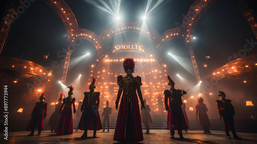 Silhouettes of performers in red and gold costumes stand on stage under a giant golden arch with the word 'Shollts' glowing in the center.
