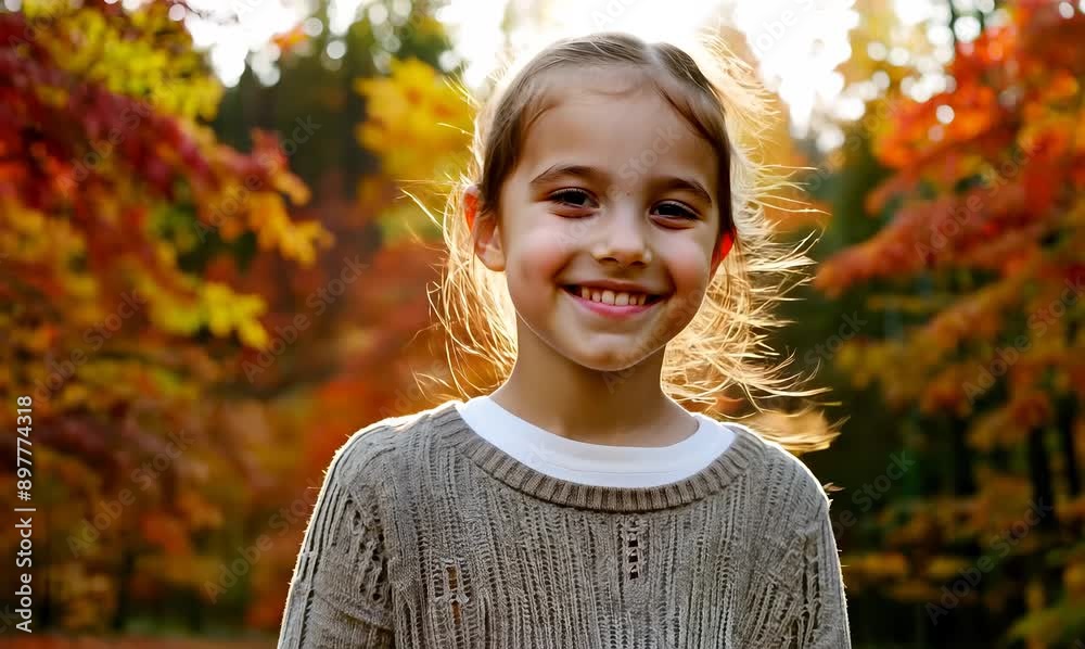 Medium shot portrait video of a satisfied child female that is wearing a chic cardigan against a brilliant display of fall foliage in a forest background