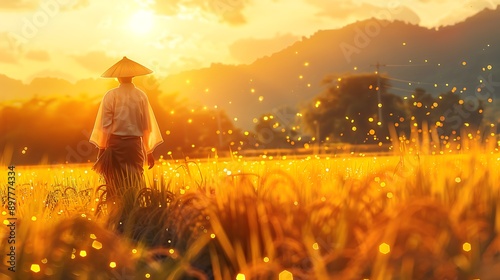 Japanese farmer on rice field anime lofi styel photo