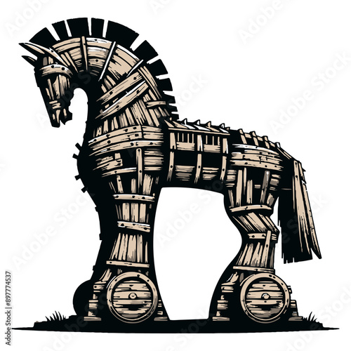  Wooden Trojan horse, with detailed textures and ancient design, representing a famous historical artefact. Vector illustration against white background ¥