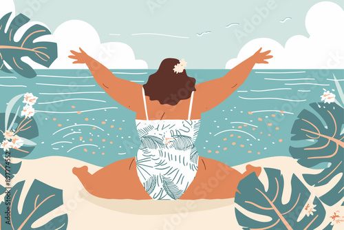 Plus-sized woman sitting on the beach with arms raised, surrounded by tropical plants, facing the ocean, enjoying a moment of freedom and happiness.