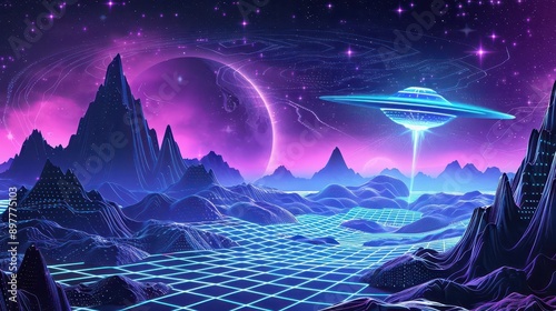 retrofuturistic landscape with neon grid mountains and hovering ufo