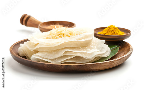 Board and plate of tasty Idiyappam with on white background. photo