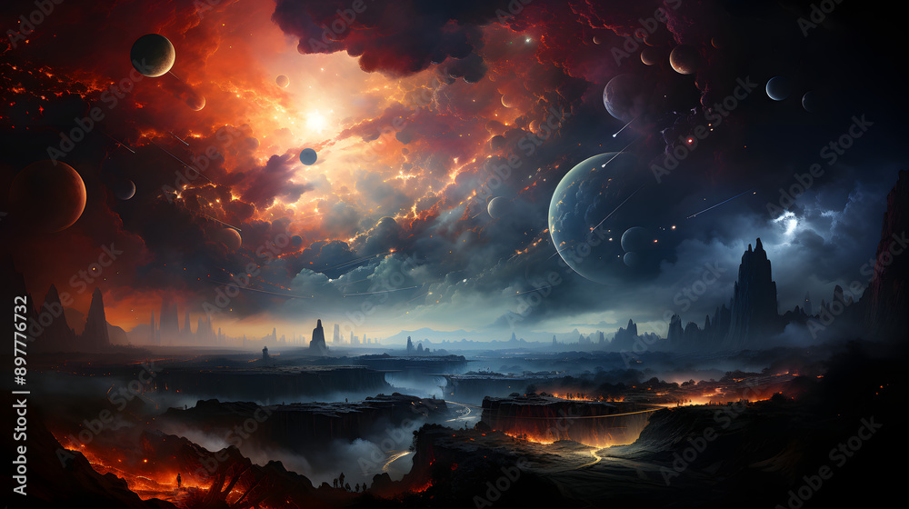 A fiery, alien landscape with a fiery sky full of planets and shooting stars. The view from the top of a mountain shows a glowing river in the valley below. A fiery, alien landscape with a fiery sky full of planets and shooting stars. The view from the top of a mountain shows a glowing river in the valley below.
