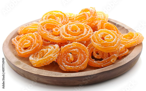 Board and plate of tasty Jalebi with on white background. photo