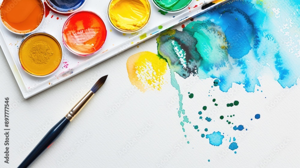Vibrant watercolor paints and brush on white paper canvas Vibrant watercolor paints and brush on white paper canvas