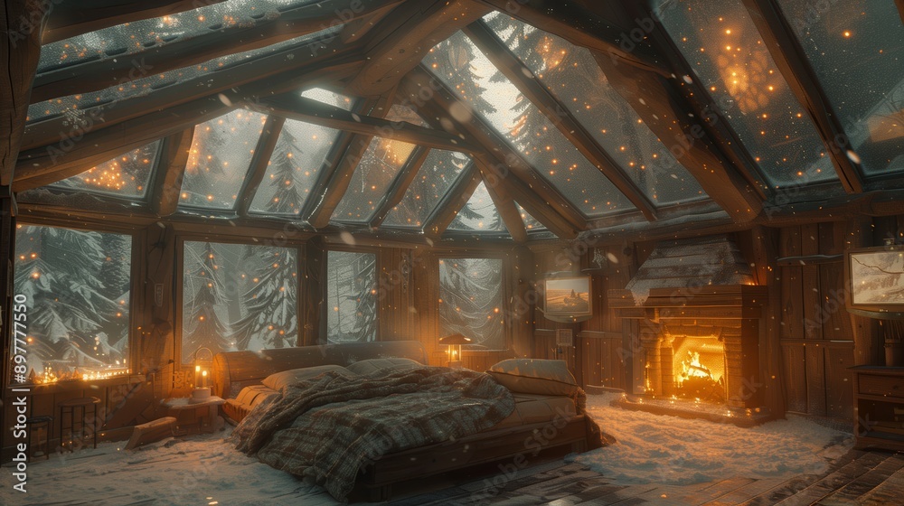 Fototapeta premium Cozy Cabin Interior With Snowy Forest View and Fireplace