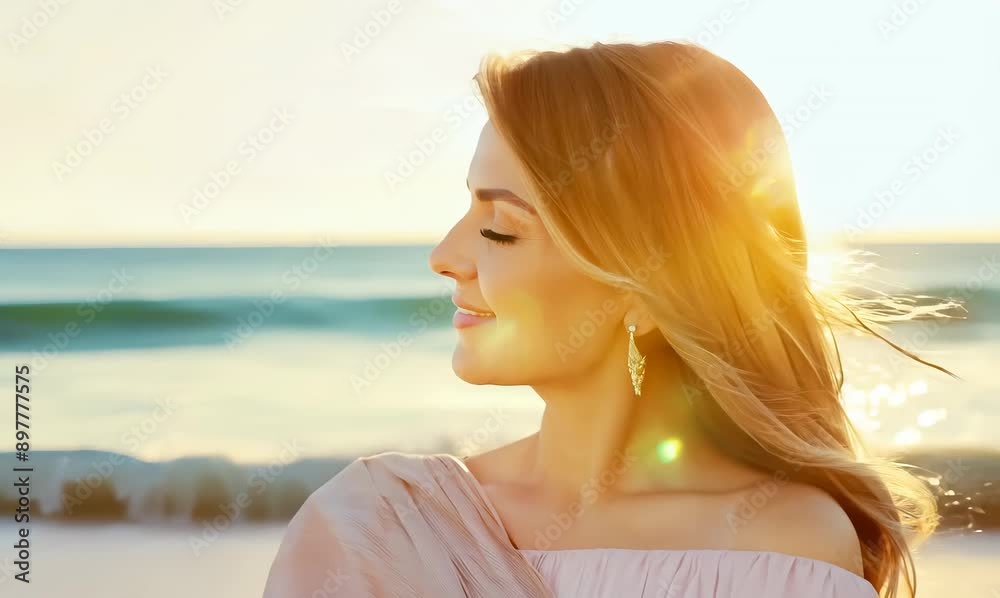 Blissful beach portrait of radiant 40-year-old woman, serene smile and golden brunette hair, soft pastel attire, and dreamy seascape backdrop Blissful beach portrait of radiant 40-year-old woman, serene smile and golden brunette hair, soft pastel attire, and dreamy seascape backdrop