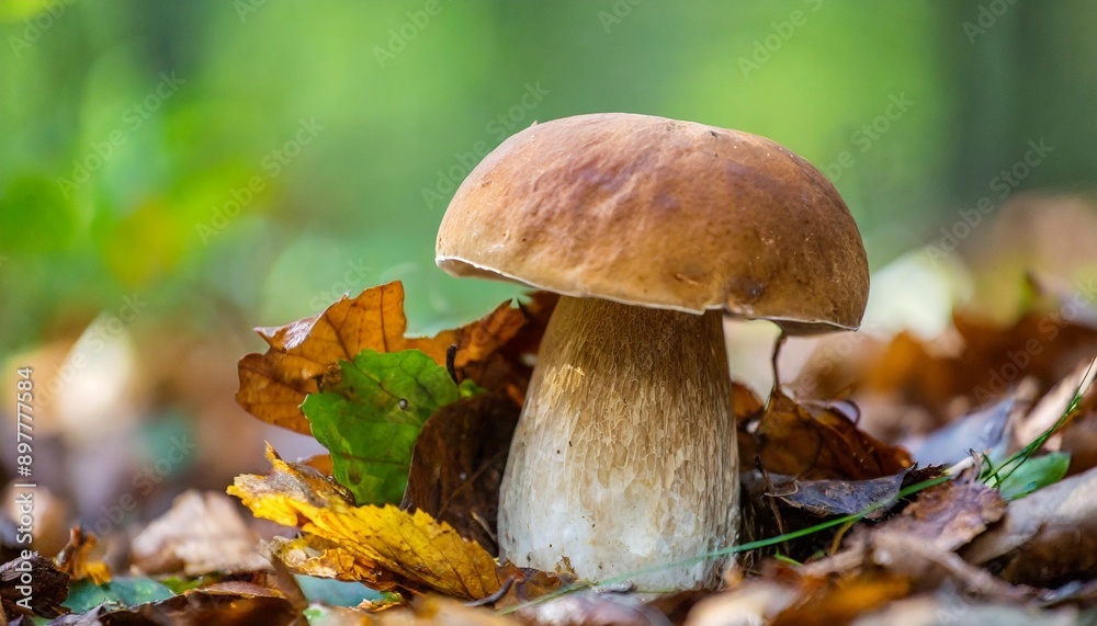 Porcini mushrooms among fallen leaves in the forest. Close-up. Porcini mushrooms among fallen leaves in the forest. Close-up.