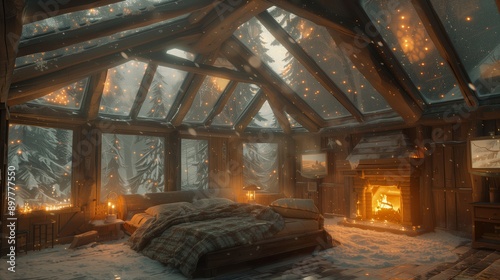 Cozy Cabin Interior With Snowy Forest View and Fireplace © fotofabrika
