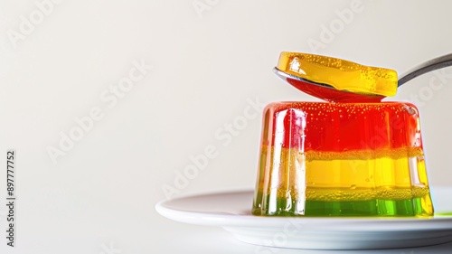 Colorful layered gelatin dessert on white plate