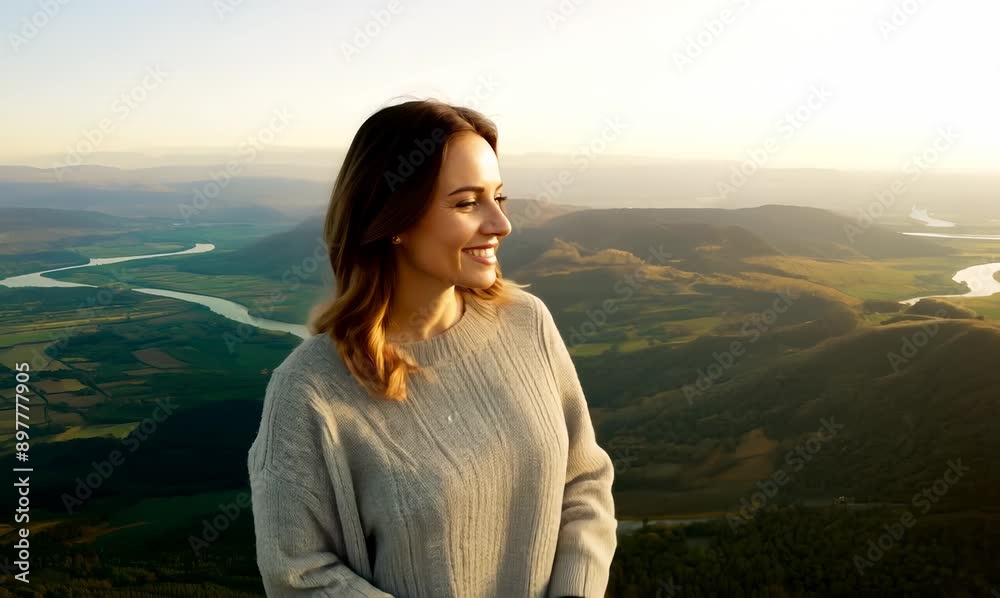 Environmental portrait video of a satisfied woman in her 30s wearing a cozy sweater against an aerial view background Environmental portrait video of a satisfied woman in her 30s wearing a cozy sweater against an aerial view background