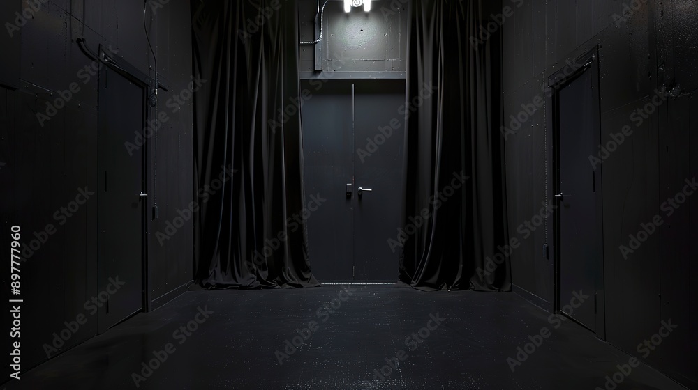 A dark room with two doors and two curtains 