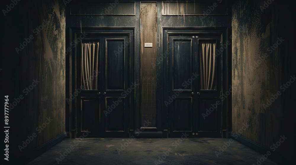 A dark room with two doors and two curtains A dark room with two doors and two curtains