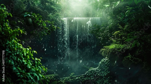 Lush Greenery Enveloping a Cascading Waterfall in a Mystical Forest © AwieDarwis