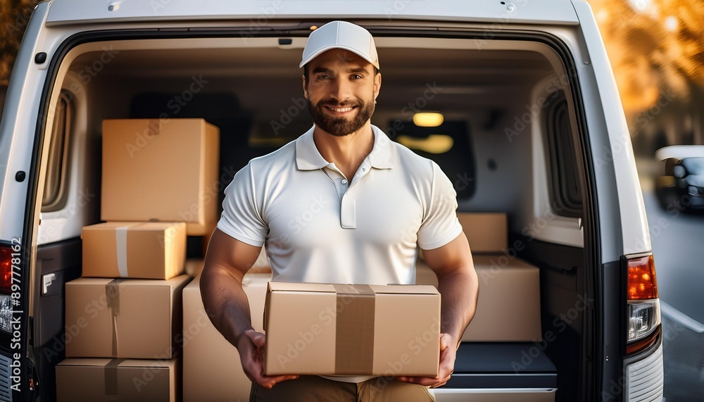 A smiling muscular package delivery man holding a box in the back of a delivery van A smiling muscular package delivery man holding a box in the back of a delivery van