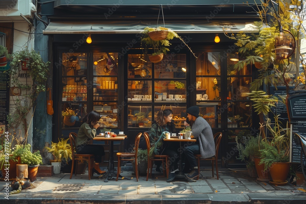Three People Enjoying Coffee and Conversation at a Cafe Patio in a City Alleyway Three People Enjoying Coffee and Conversation at a Cafe Patio in a City Alleyway