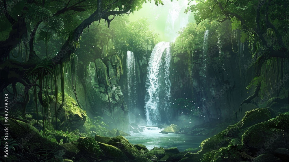 Lush Green Waterfall in a Dense Rainforest Lush Green Waterfall in a Dense Rainforest