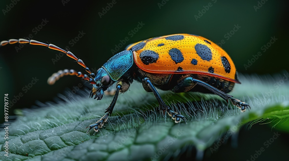 Detailed view of a small, colorful insect on a leaf Detailed view of a small, colorful insect on a leaf