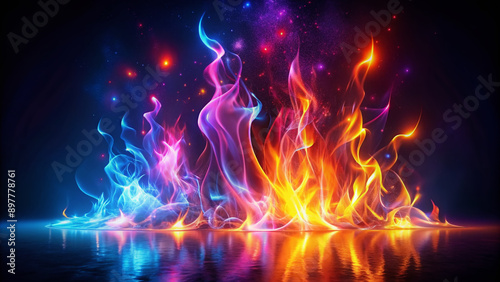 Vibrant neon flames erupt in a mesmerizing dance of light and heat, casting an otherworldly glow on the dark background, evoking a sense of intense energy.