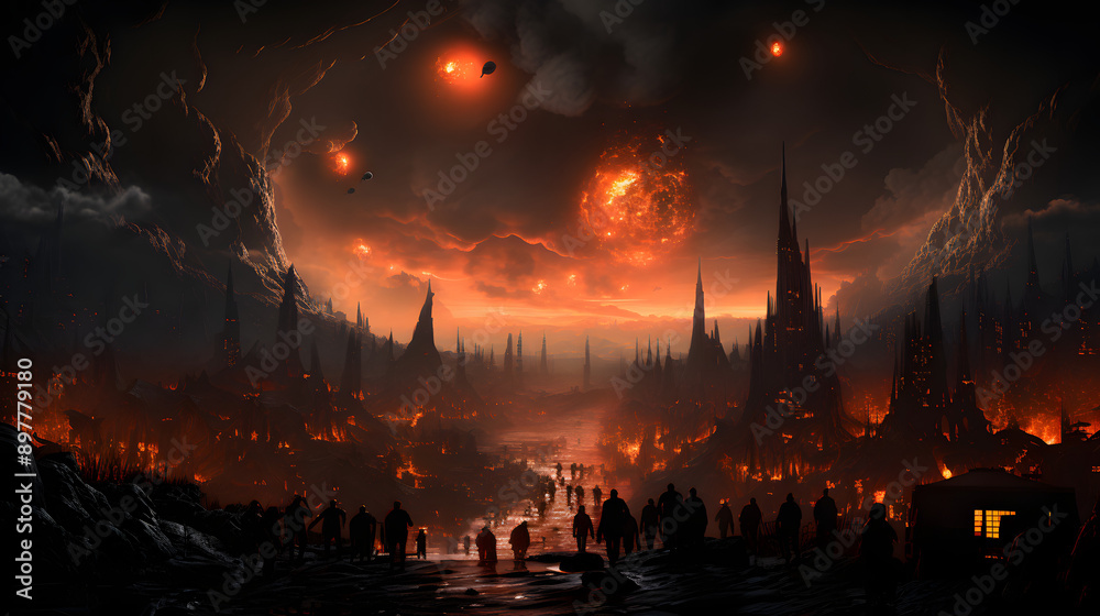 Obraz premium A fiery, apocalyptic landscape with a glowing sky and a city on fire. A group of figures walk towards the light in the distance.