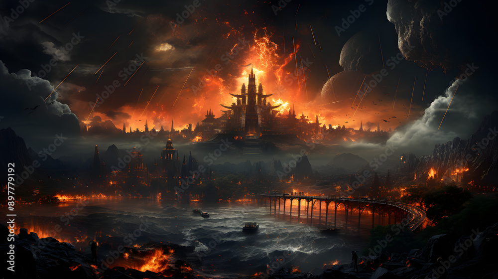 A fiery apocalypse consumes a city. Blazing structures stand against a stormy sky. A towering cityscape engulfed in flames. A fiery apocalypse consumes a city. Blazing structures stand against a stormy sky. A towering cityscape engulfed in flames.