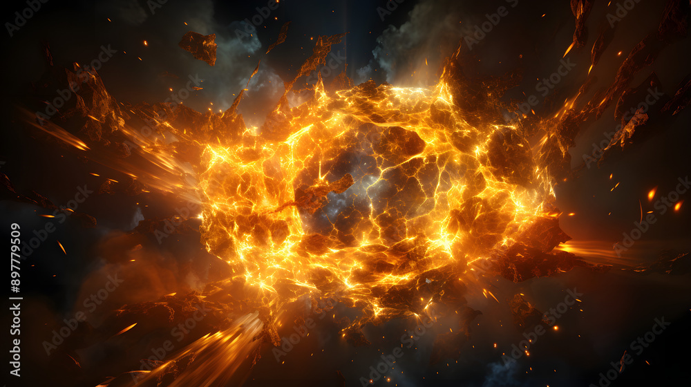 A dramatic image of a fiery explosion, with molten rock and debris flying through the air. The explosion creates a bright, intense light, illuminating the dark sky around it. A dramatic image of a fiery explosion, with molten rock and debris flying through the air. The explosion creates a bright, intense light, illuminating the dark sky around it.