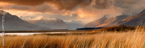 The sunset paints the river, grassland, and mountains in golden hues, creating a stunning scene of natural beauty