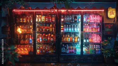 Nighttime Neon-Lit Convenience Store With Refrigerated Drinks © fotofabrika