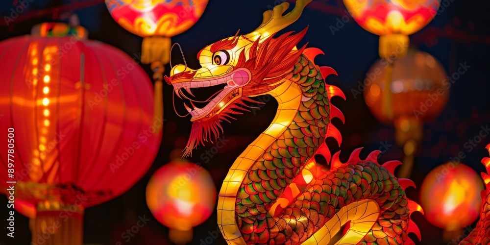 Illuminated Dragon Lantern with Chinese Lanterns. Illuminated Dragon Lantern with Chinese Lanterns.