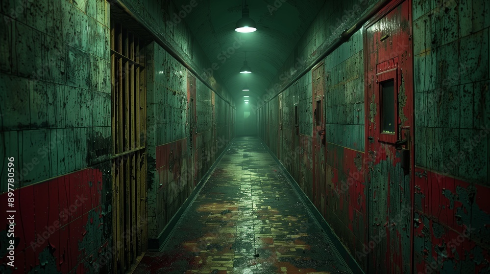 A Dark and Desolate Prison Corridor With Grungy Walls and Dim Lights