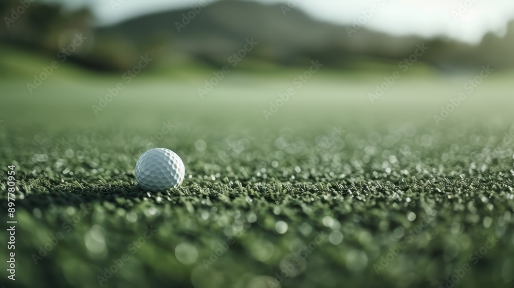 A golf ball sits on a lush green course with distant mountains, bathed in soft sunlight, exuding tranquility and elegance, perfect for an avid golfer's play session. A golf ball sits on a lush green course with distant mountains, bathed in soft sunlight, exuding tranquility and elegance, perfect for an avid golfer's play session.