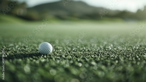 A golf ball sits on a lush green course with distant mountains, bathed in soft sunlight, exuding tranquility and elegance, perfect for an avid golfer's play session.