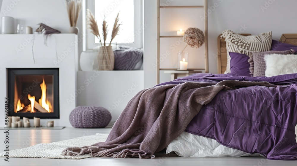 Fototapeta premium Scandinavian interior design of modern bedroom. Bed with purple bedding and wooden ladder shelf near fireplace.