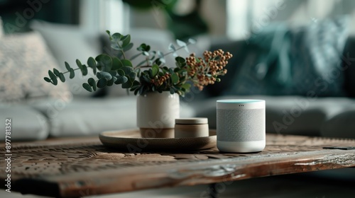 Wallpaper Mural A potted eucalyptus plant and a sleek modern speaker sit on a rustic wooden table in a cozy living room, blending nature with technology in a stylish way. Torontodigital.ca