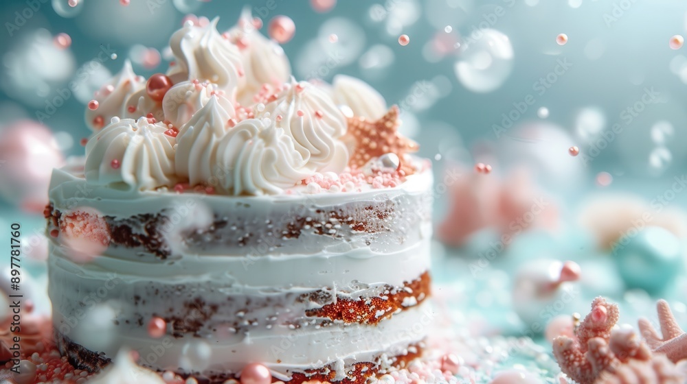 A delightful cake covered in whipped cream and sprinkles sits against a whimsical bokeh background, giving a magical and festive feel ideal for joyous celebrations.