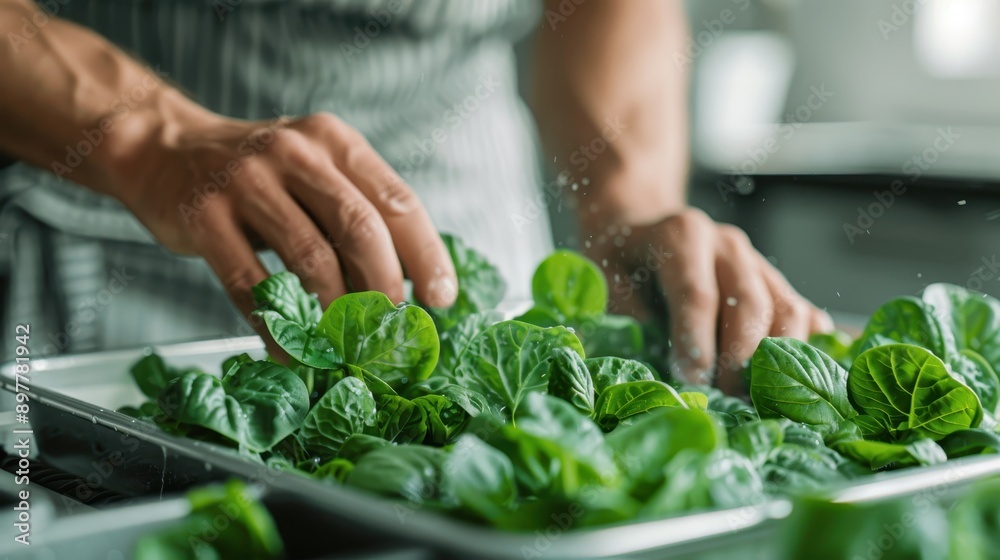 A focused view of someone working with fresh spinach leaves in a bright kitchen environment, showcasing the attention to detail and the freshness of the organic produce. A focused view of someone working with fresh spinach leaves in a bright kitchen environment, showcasing the attention to detail and the freshness of the organic produce.