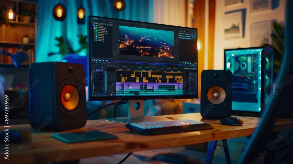 high-end computer and a video editing program on the screen high-end computer and a video editing program on the screen