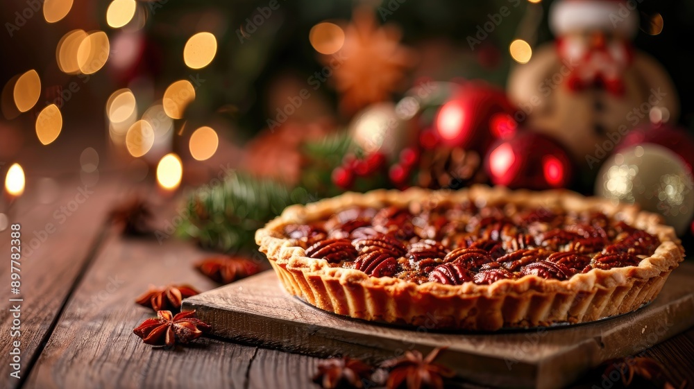 Festive pecan pie on wooden board with holiday decorations Festive pecan pie on wooden board with holiday decorations