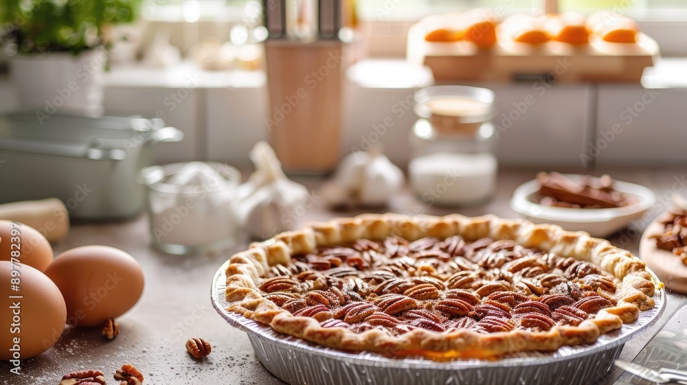 Pecan pie in kitchen with ingredients and sunlight Pecan pie in kitchen with ingredients and sunlight