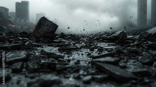 An urban street is filled with debris and rubble, stretching into the distance under a dark, cloudy sky. The scene conveys a post-apocalyptic environment and desolation.