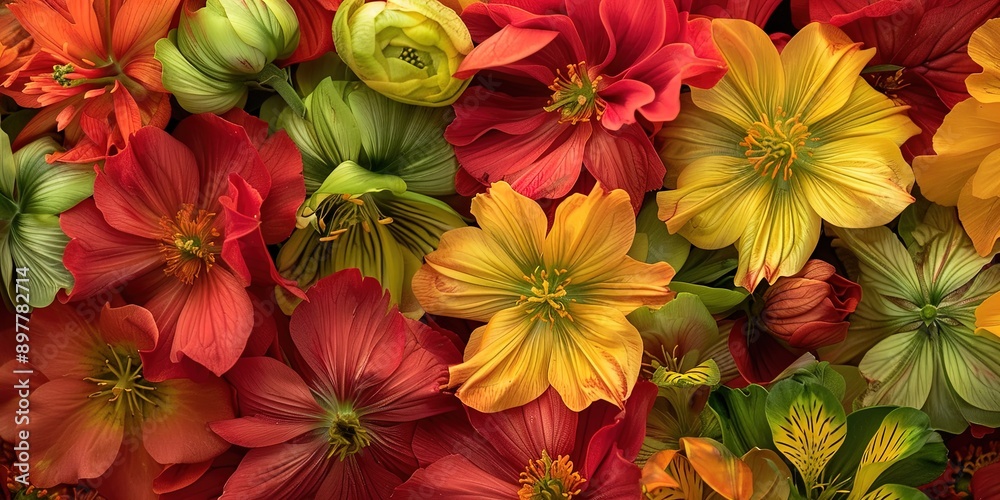 red, yellow, green flowers