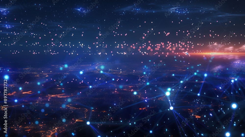 Obraz premium Night Cityscape with Network Connections