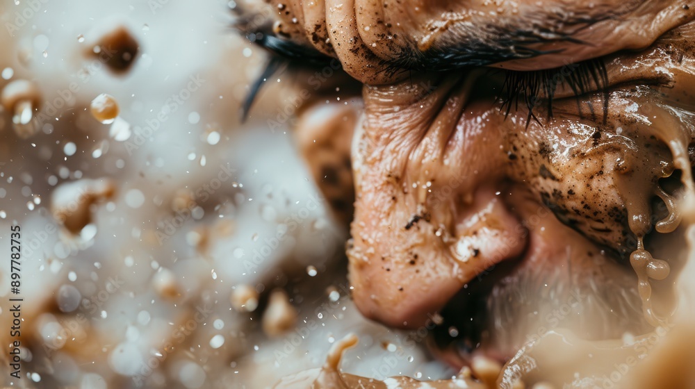 A powerful image of a man's face splattered with muddy water, capturing the tension and movement, making it a vivid and dramatic action shot. A powerful image of a man's face splattered with muddy water, capturing the tension and movement, making it a vivid and dramatic action shot.