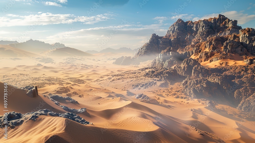 Fototapeta premium A vast desert landscape, with rolling sand dunes and rocky outcrops, shaped by wind and erosion over millions of years. Concept of arid environments.